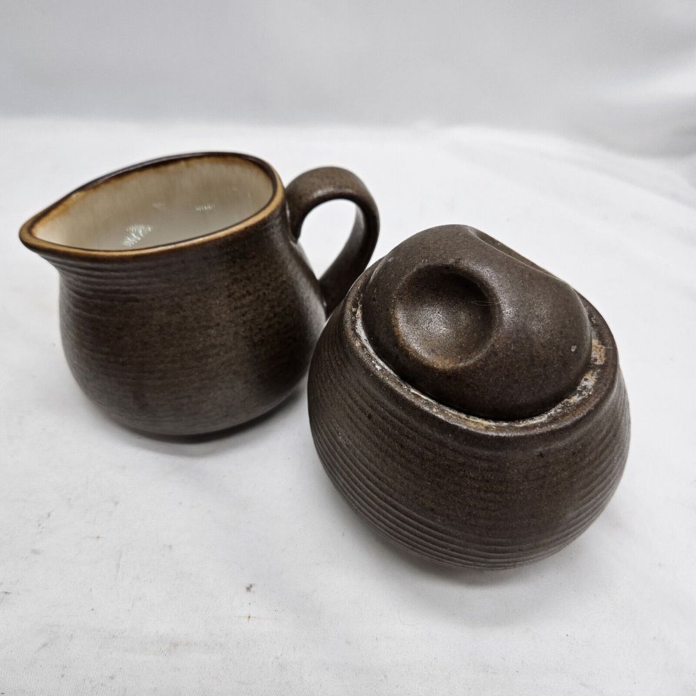 Sango Mocha Brown‎ Outer Cream Inner Ribbed Creamer & Sugar Bowl Set